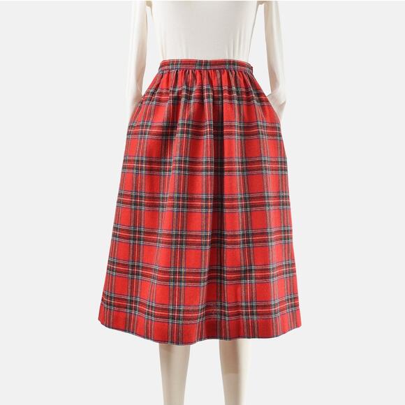 Vintage 70s Red Tartan Plaid Wool Blend Preppy Full Midi Skirt with Pockets S - Picture 1 of 6
